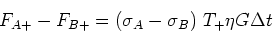 \begin{displaymath}F_{A+} - F_{B+} = (\sigma_A - \sigma_B) T_+ \eta G \Delta t \end{displaymath}